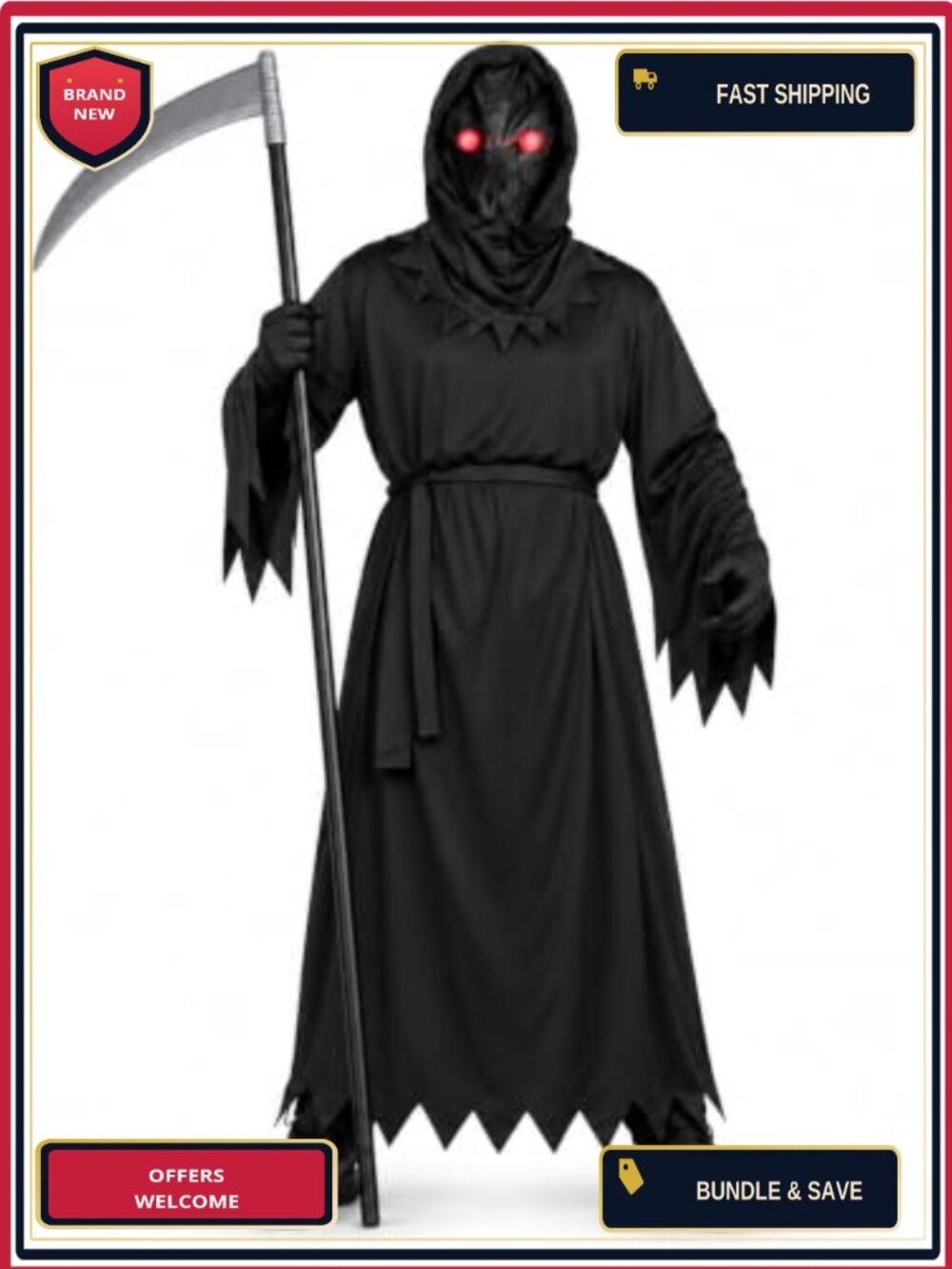 Grim Reaper Halloween Costume Set with Glowing Red Eyes & Hooded Robe